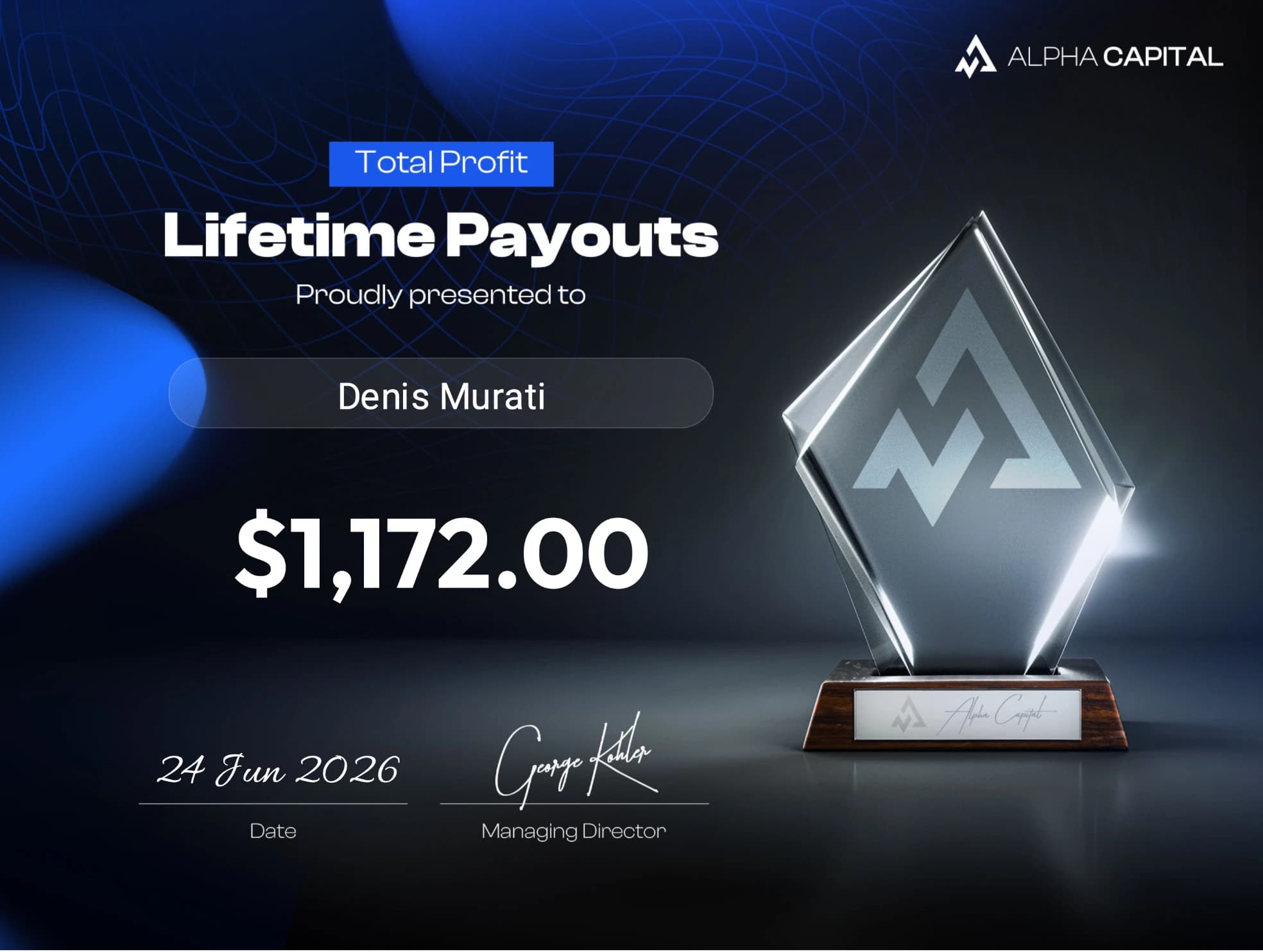 Denis Murati — Alpha Capital Lifetime Payouts, $1,172.00 certificate