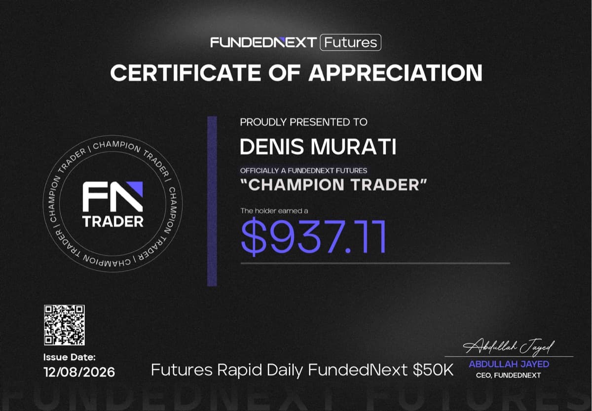Denis Murati — FundedNext Futures Champion Trader, $937.11 certificate
