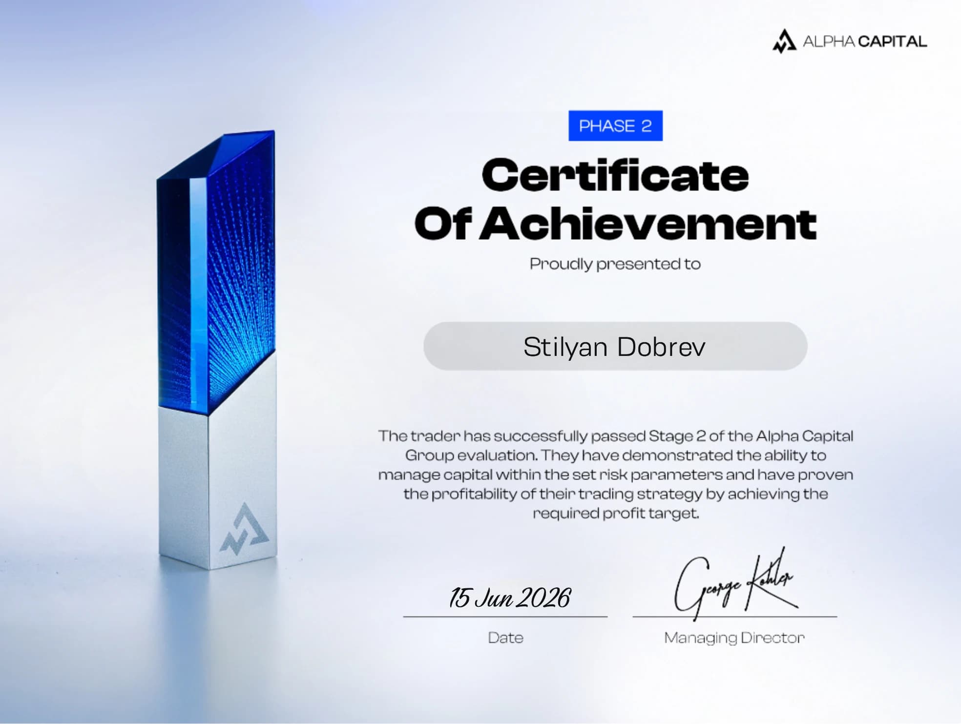Stilyan Dobrev — Alpha Capital Certificate of Achievement, Phase 2 certificate