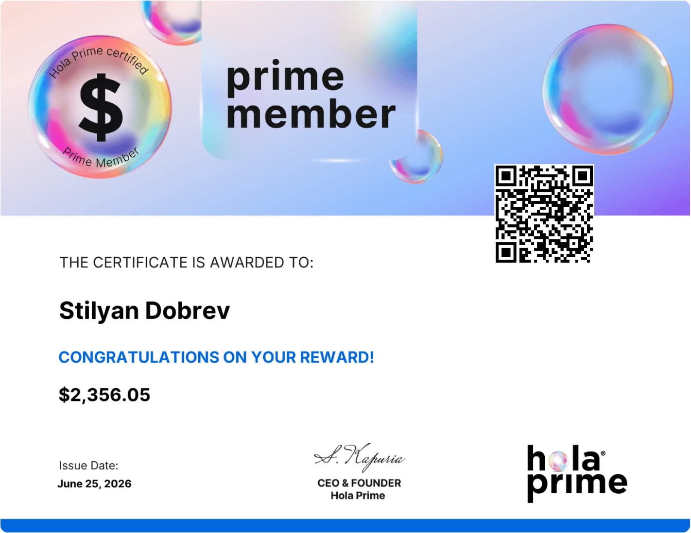 Stilyan Dobrev — Hola Prime Prime Member certificate